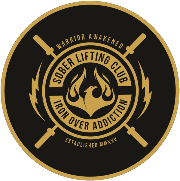 Warrior Awakened Sober Lifting Club seal, Iron Over Addiction